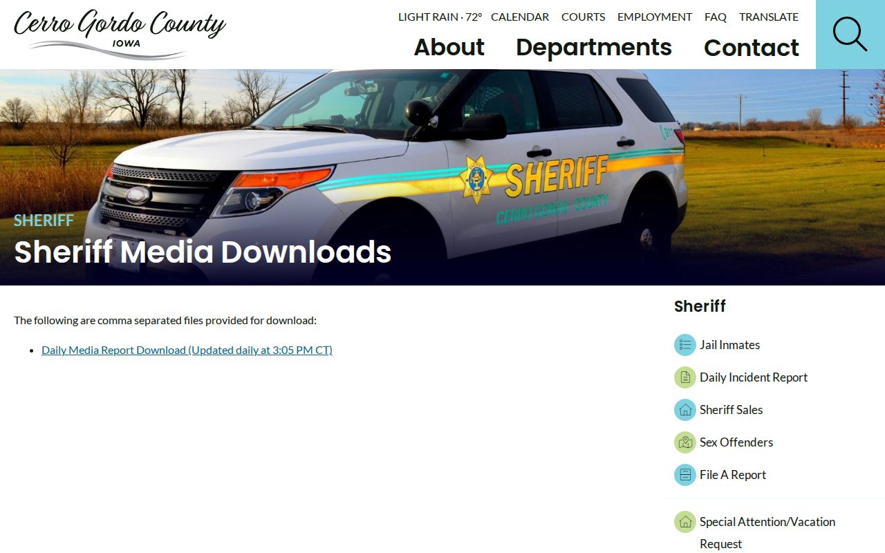 Cerro Gordo County Sheriff Media Downloads page with Daily Media Report link