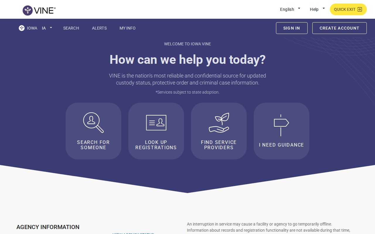 Iowa VINELink custody alert registration interface