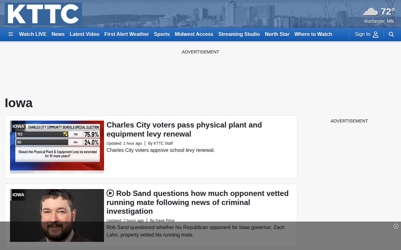 KTTC Iowa news page with regional Cerro Gordo coverage