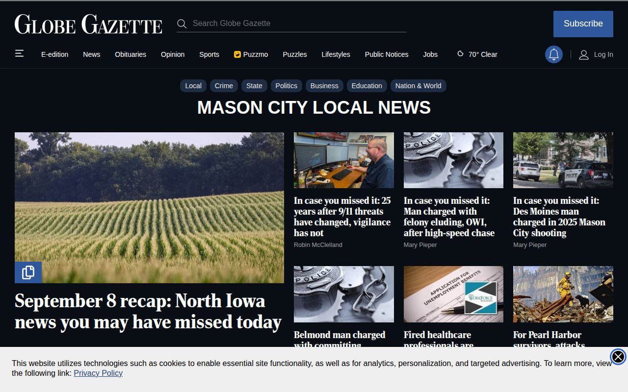 Globe Gazette local news section serving Cerro Gordo County