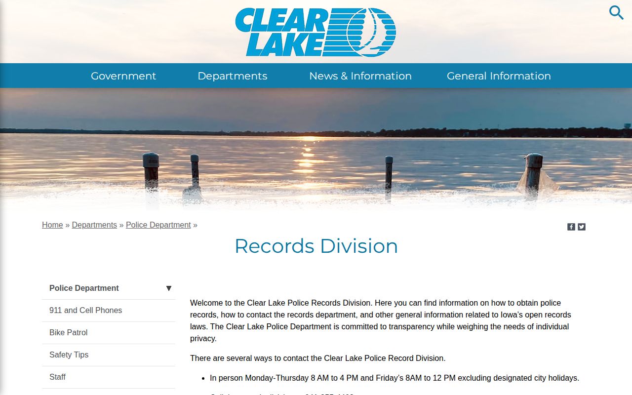 Clear Lake Police Records Division official webpage with request details