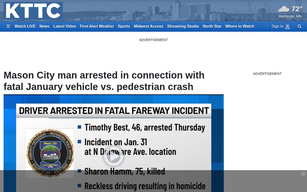KTTC Mason City arrest news report showing regional event coverage